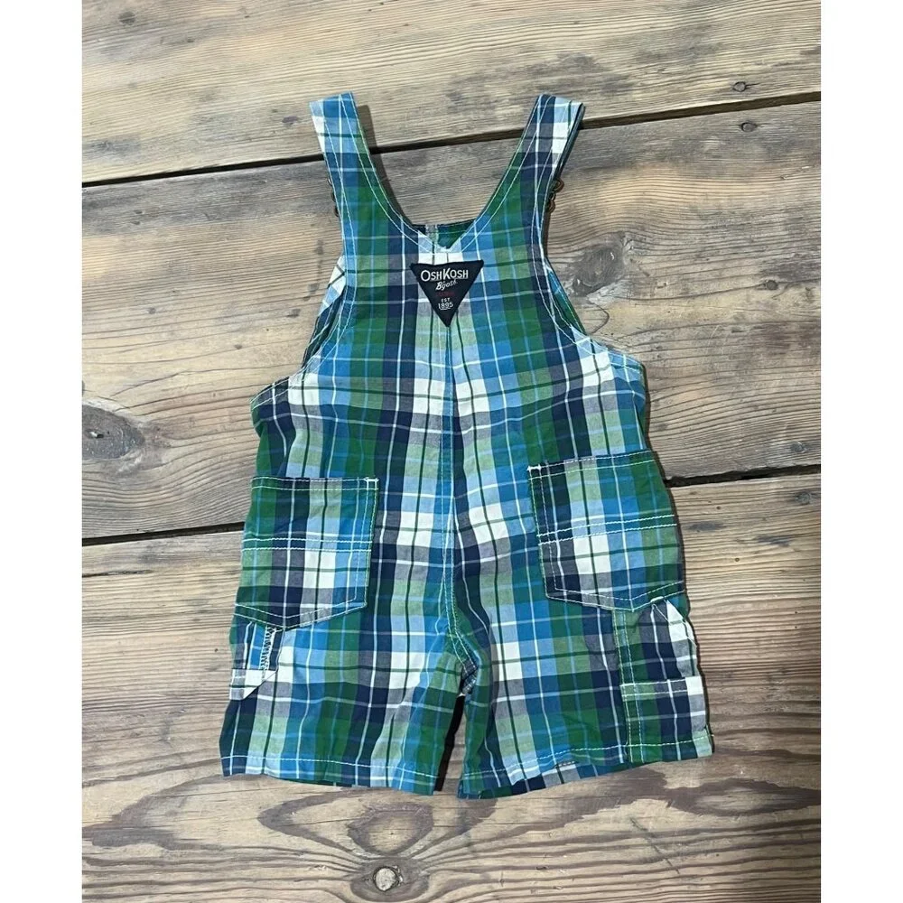Oshkosh B'gosh Bib Overall Shorts Baby 12 Mos Blue Plaid Y2K